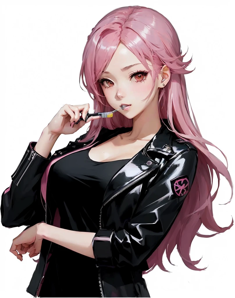1woman, long straight purple hair in a ponytail, red eyes, red lipstick, big breast, black choker, black fishnet top, red leather jacket, she's smoking, serious face, solo, best quality, masterpiece, portrait, simple background, looking at the camera, from the front, detailed, perfect anatomy, detailed art, high definition, 4k, high resolution