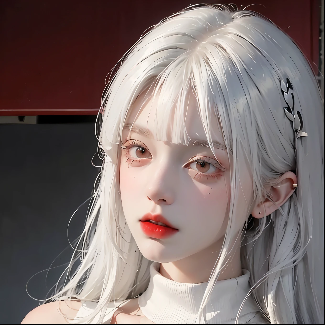 Analog style, RED eyes, white hair with straight bangs, red turtleneck , feminine, female, delicate, sexy, beautiful, badass