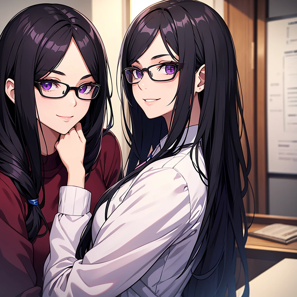 hanekawatsubasa, hanekawa tsubasa, long hair, black hair, hair ornament, (purple eyes:1.1), braid, hairclip, twin braids, naoetsu high school uniform, glasses, BREAK cyb dress, pink dress, frills, see-through short sleeves, wrist cuffs BREAK indoors, classroom, BREAK looking at viewer, BREAK (masterpiece:1.2), best quality, high resolution, unity 8k wallpaper, (illustration:0.8), (beautiful detailed eyes:1.6), extremely detailed face, perfect lighting, extremely detailed CG, (perfect hands, perfect anatomy), smile, dynamic pose, cowboy shot
