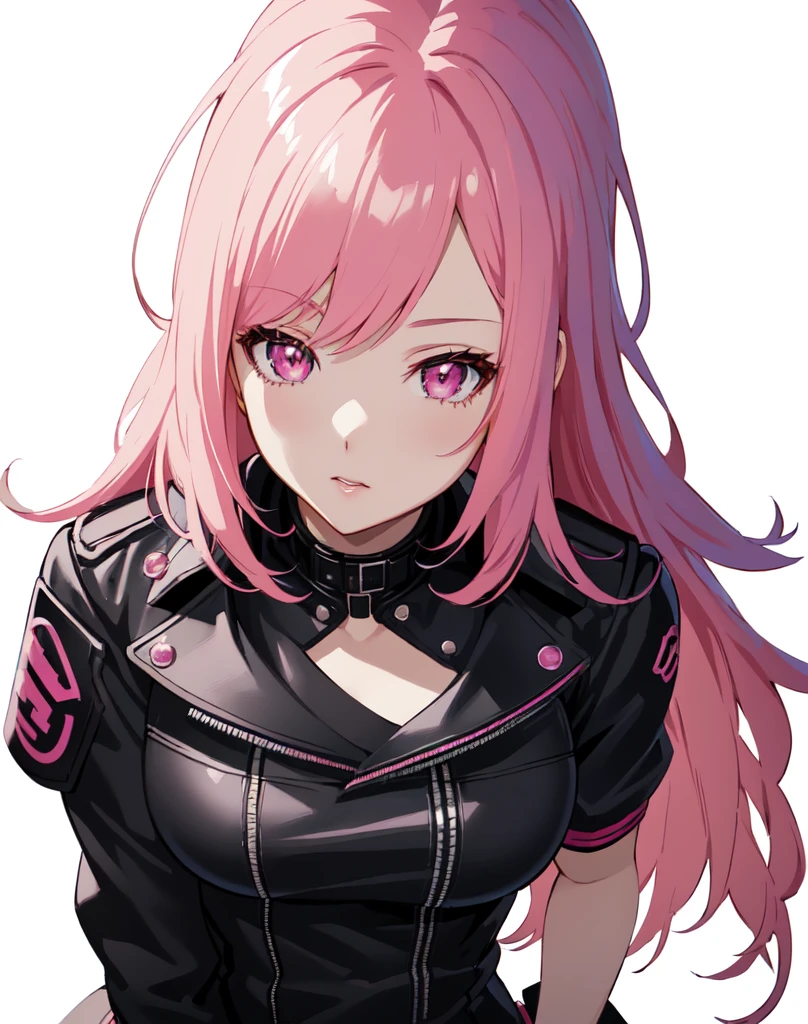 1 girl, anime, Cute girl, scoundrel, Blank background, White background, fantasy, very detailed dark leather fantasy outfit with highlights, Beautiful face, Beautiful eyes, dark colors, Murderer, medium breasts, Slight cleavage, beautiful skin, Cute, pink hair, chest curtains, Very gentle and beautiful, (beautiful detailed face:1.0), (detailed Deep eyes), symmetrical breasts, Deep eyes, Couple, shiny skin, portrait, Thin waist, hips шире плеч, hips