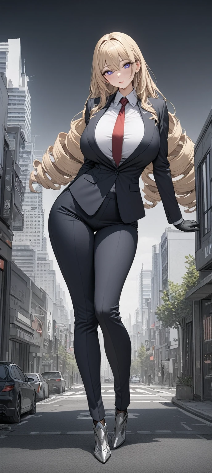 ((masterpiece)), ((high quality)),((ultra-detailed)), ((extremely detailed)),4K,8K, (character portrait), wearing blue pants suit, in business suits, navy collared shirt, a beautiful woman, very tall woman with great style, perfect big breasts, perfect big breasts, middle plump ass, slender body, 1girl, solo, purple pupils, perfect hands, perfect face, perfect eyes, perfect body, perfect legs, laugh, front view,hands on legs, bend down, city background, ,Masterpiece, best quality, ,suit, pants, red necktie,wolf cut hair,HarutoYumaArts, pencil drawning, color accents, color highlights, (grayscale:1.3),blonde hair, long hair, drill hair, hair ornament, headgear, blue eyes, white shirt, gloves, armored boots, back view, full body