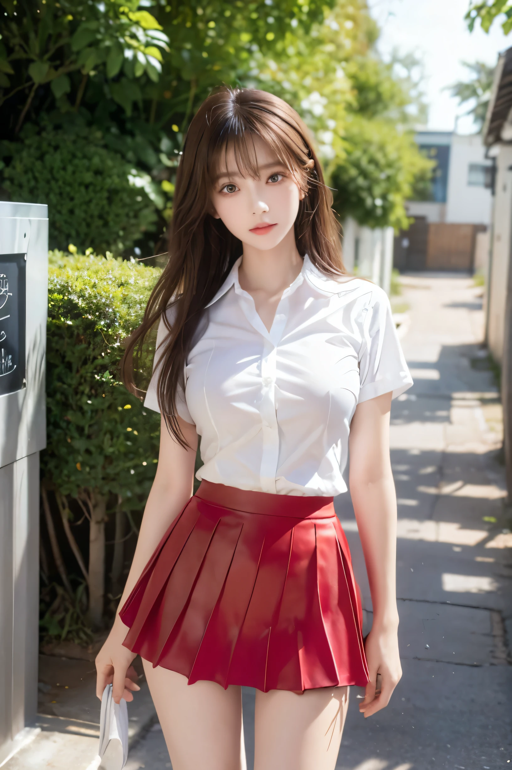 (Ultra HD), (Looking at me), (The whole body is shown), (White collared short-sleeved shirt, Red mini skirt), Big Breasts, Super beautiful breasts, slender, (Thin legs:1.2), (Thin thighs:1.2), (Thin Hips:1.4), (Beautiful Skin, Shiny skin, White skin), (Super slim face, Super beautiful face, No makeup, smile:0.6), (light brown, long hair, Layered Cut, Fluffy hair), (Big eyes:1.4, High corners of the eyes:1.4, double eyelid), (Thin eyebrows:0.2), (Small Nose:0.6), (Thin lips:0.6), Are standing, In front of the school gate