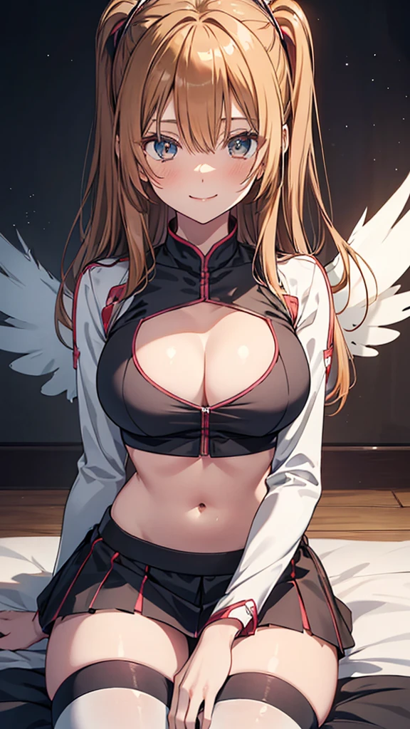 Lily,Light brown hair,Long Hair,Very large breasts,thin,Crop top,Cleavage cutout,(Underbust),abdomen,belly button,mini skirt,Thighs,Angel Wings,smile,masterpiece,Noise Reduction,Perfect Anatomy,High resolution, Very detailed, Very detailed face,Game CG,Dutch Angle ,Beautiful attention to detail,Visual Arts,Five Fingers, Perfect hands, Perfect lighting, Sparkling Eyes,Sitting、