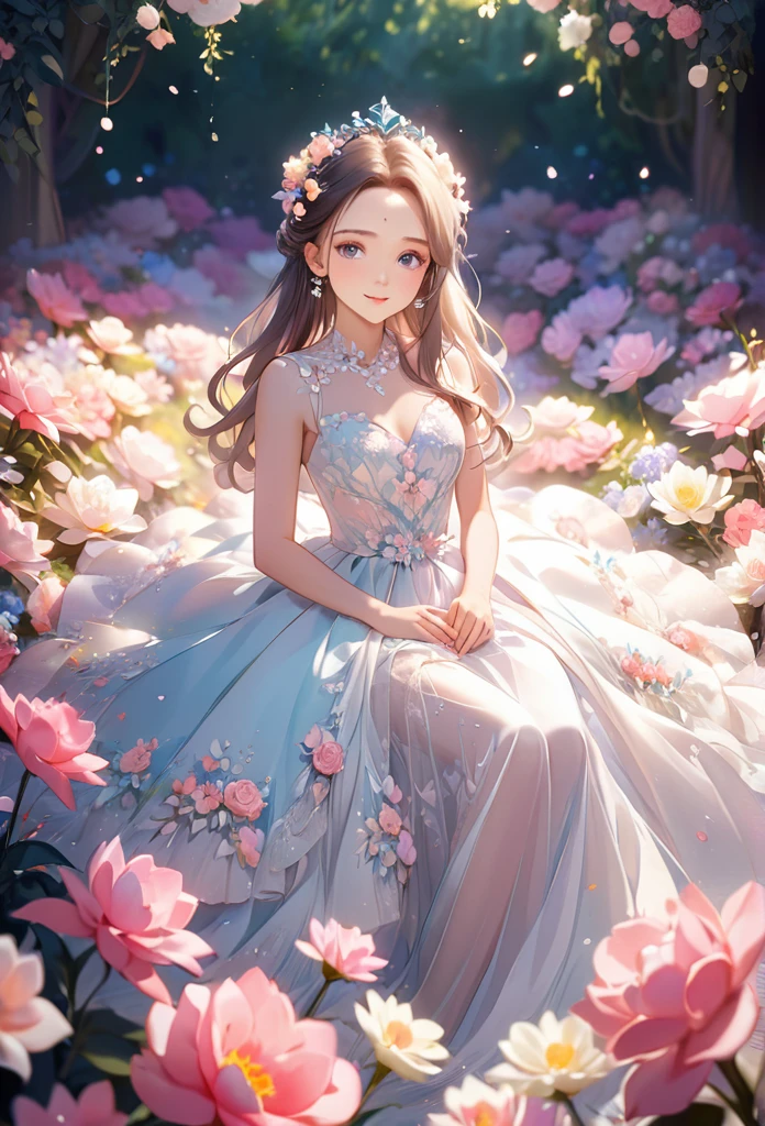 8K,high-res,((ultra detailed face)),Describe a scene in which a beautiful woman character is lying on  lot of flowers, she is 20 years old,wearing a beautiful dress,. Surround her with colorful flowers.(((big smiling))).((forehead)),pastel theme,kindness,soft focus,soft lighting