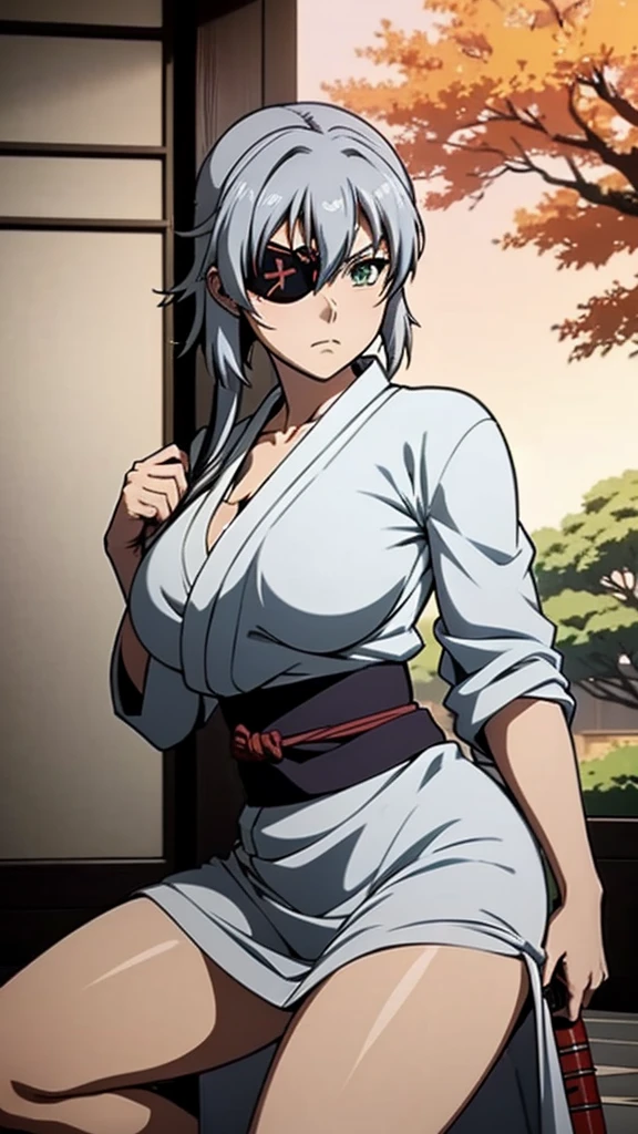 anime(Hyakka Ryouran: Samurai Girls), female teen , sexy (very big tits), actress(Gisen Yagyū) , Green eyes, Gray hair that is To Waist length, eyepatch, dress (kimono), She is sharpening her sword at the sword training dojo. 