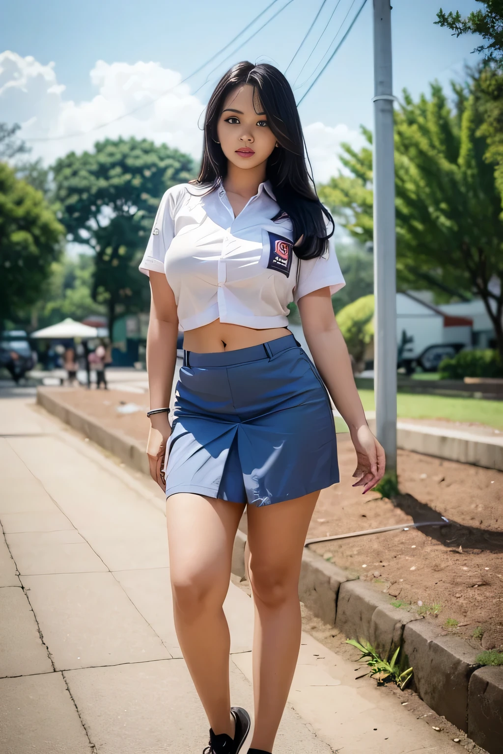 1girl, (Indonesian_high_school_uniform), distance from audience, detailed face, detailed eyes, thick huge breasts, detailed skin, looking at Viewer, clear light, (8k, RAW photo, best quality, masterpiece: 1.4), (realistic, realistic: 1.37), ultra-high resolution, photorealistic, high resolution, solo, wide muscular hips, realistic face, (detailed face), sexy pose, black hair Color, view from below, (busty), six pack belly, large breasts, full body angle, 19-years-old-girl, perfect thighs, standing in the middle of park, wearing sexy short skirt, wearing open-button shirt, asian goddess, long hair, straight hairstyle, muscular belly, thick wide muscular hips, muscular arm, full body view, curvy body, tall body, smooth body, smooth legs, smooth skin