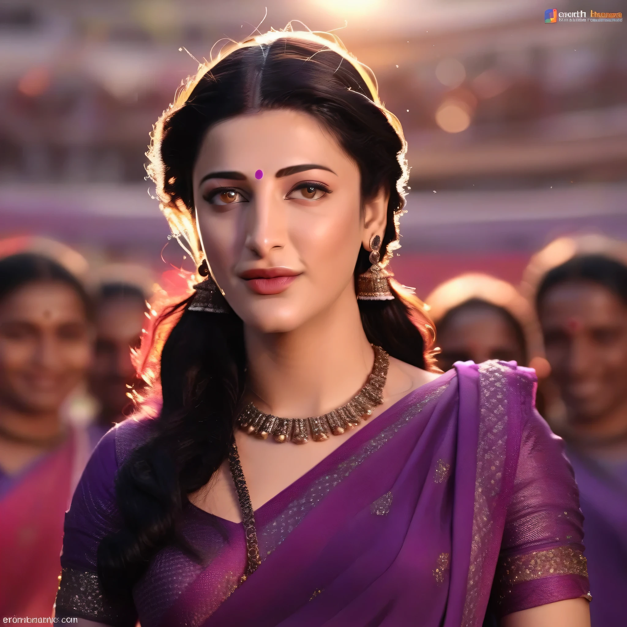 Shruti haasan,(art by Kubisi Art:0.7) , (art by Tom McGuinness:0.9) , wearing purple saree, showing navel, [portrait, full body pic of Scandinavian Girl, Directing a TV show, Masculine Pose, Vile hair styled as Chignon, Hopeful, L USM::8], hyper realistic, hyper detailed, 4k, realistic skin texture, Indian traditional longest braided hair, princess braided hair , detailed eyes, best quality, 