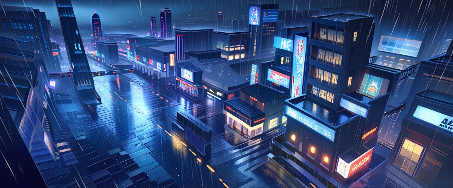 There were no people in the scene, only a city, no people, a city at night,raining, fantasy city, sci-fi, night, HD, 4K,