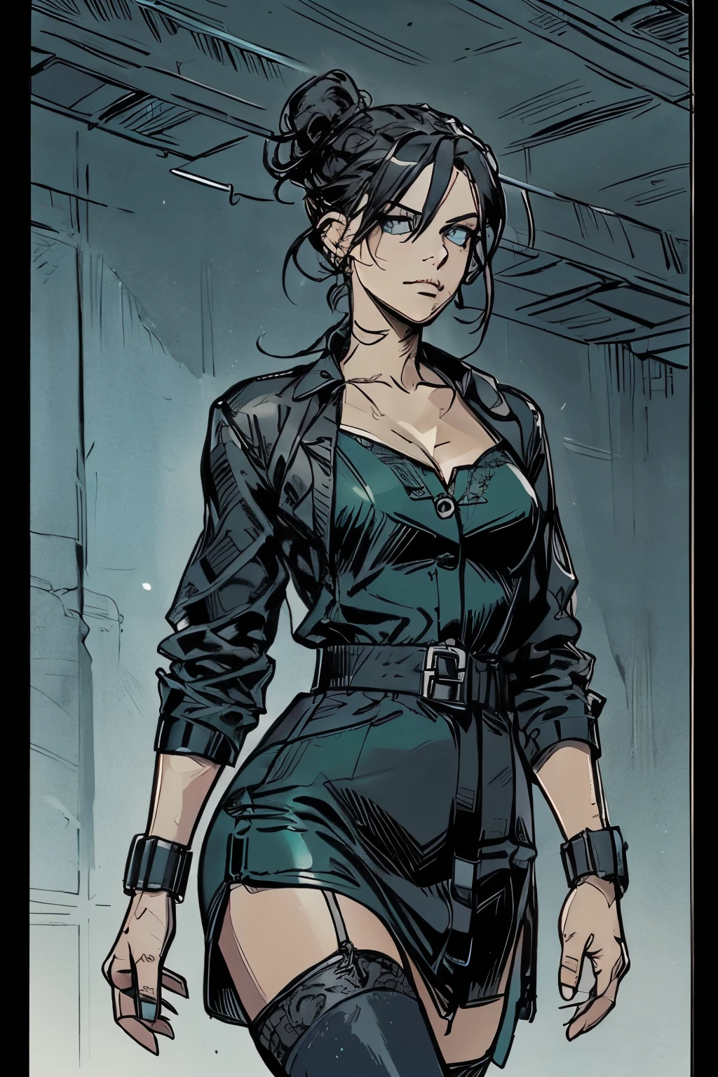 is a slim girl with a slim figure, just above average height. Her long, dark hair is slightly curly and often tucked into a messy bun or ponytail, as she prefers convenience in her work. Sophia's face is oval, with high cheekbones and expressive grey-green eyes that always spark curiosity and intelligence. programmer, black dress, mesh tights, black leather cardigan, boots, full-length, character sprite