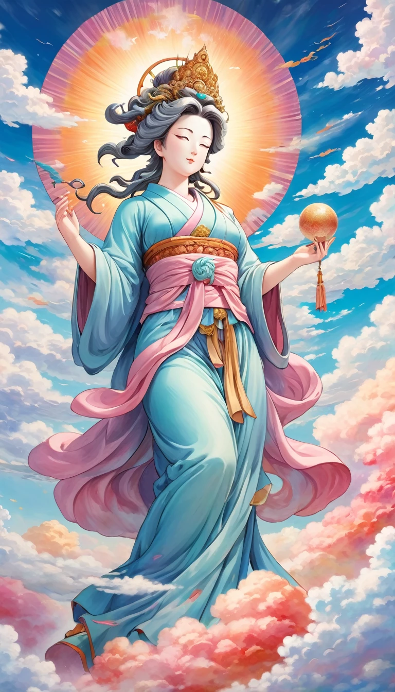  Detailed anime art, Masterpiece, Highest quality, ８K, 1 Hand-painted Mother Kannon statue, A gentle and loving gaze, Ride the Clouds, Colorful Clouds, Detailed illustration art, Vibrant colors, High resolution, art,  Colored pencil drawing, Hand-drawn,