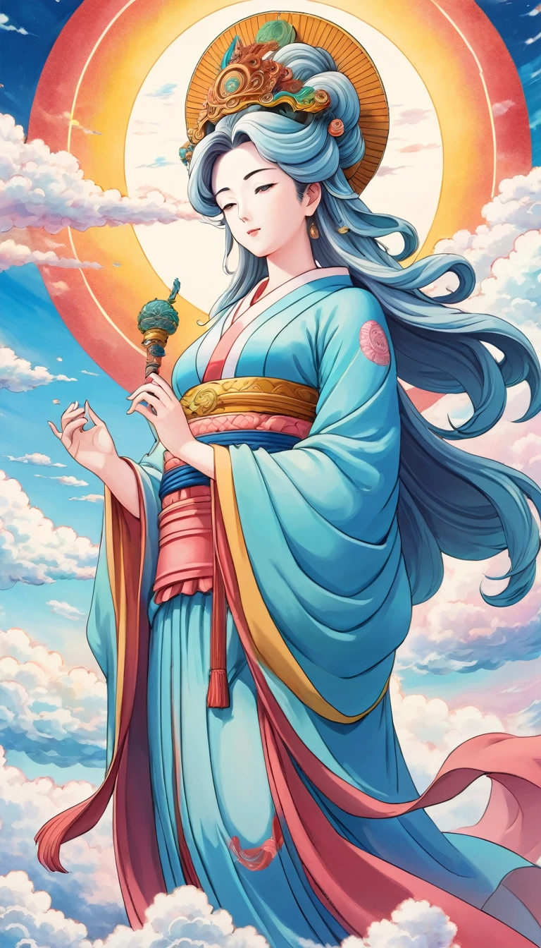  Detailed anime art, Masterpiece, Highest quality, ８K, 1 Hand-painted Mother Kannon statue, A gentle and loving gaze, Ride the Clouds, Colorful Clouds, Detailed illustration art, Vibrant colors, High resolution, art,  Colored pencil drawing, Hand-drawn,