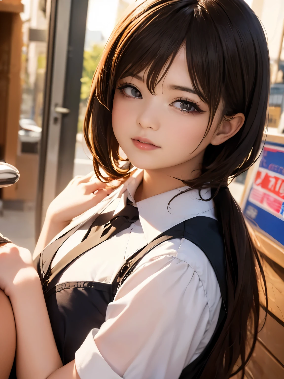 1 girl,(highly detailed skin),bent,,beautiful胸,big breasts,best image quality,surrealist portrait,(8K),Super realistic,最high quality, high quality, High resolution, high quality texture,high detail,beautiful,be familiar with,Very detailed CG,be familiar withテクスチャー,realistic facial expression,masterpiece,sense of presence,dynamic,bold),long hair,(super thin hair),(super soft hair),(ultra straight hair:1.5),流した長いbangs,black hair、bangs、hair above one eye、Wearing a floral dress、smile、indoor、Cafe、sitting in a chair、Two-dimensional beautiful girl