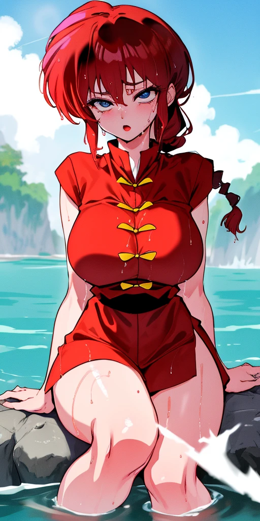 Ranma-chan, Red Hair、Sitting、alone, Very large breasts, valley、single_Braiding, Ranma Redshirt, masterpiece, Highest quality, Detailed face, Detailed eyes, High resolution,She opened her legs shyly.、My whole body is wet