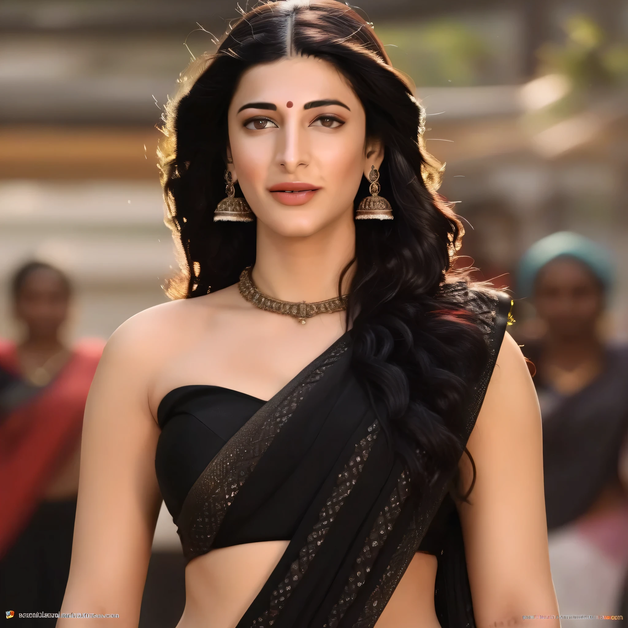 Shruti haasan,(art by Kubisi Art:0.7) , (art by Tom McGuinness:0.9) , wearing black saree, showing navel, [portrait, full body pic of Scandinavian Girl, Directing a TV show, Masculine Pose, Vile hair styled as Chignon, Hopeful, L USM::8], hyper realistic, hyper detailed, 4k, realistic skin texture, Indian traditional longest braided hair, princess longest  braided hair , detailed eyes, best quality, 4k quality eyes , 