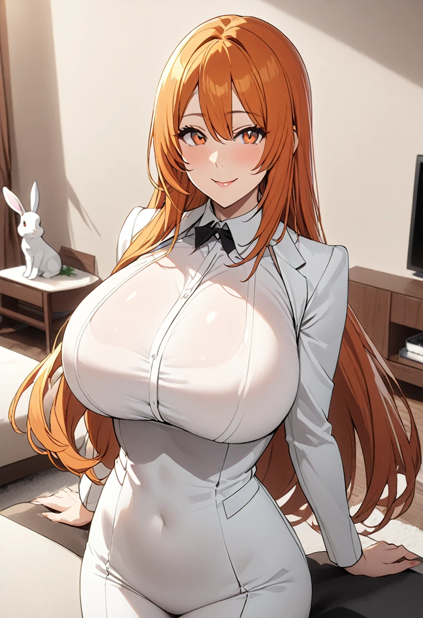 1 female, alone, 背のexpensive女性, Long Orange Hair, Straight hair ,Orange eyes, (Mature Woman, 30 years old:1.2),  (heavy hanging breasts), expensive,masterpiece, High resolution, Shiny, whole body, beautiful,A cute smile that makes the viewer happy, highly detailed beautiful face and eyes,View your viewers, living room, (White bunny suit), 