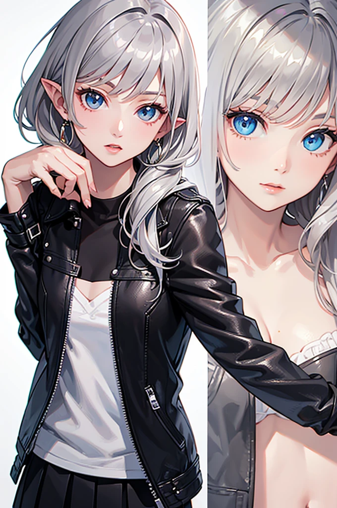 grey hair, long hair, blue eyes, pointy ears, (hair over shoulder:1.4), (highest quality, masterpiece painting:1.3), ruu_rurushi, immature woman, , (half body shot), masterpiece, ultra high resolution, (Photoreal:1.0), ((grey hair)),straight hair, beautiful shining hair, white and shining skin, ((Ultra realistic details)), octane rendering, highly detailed face, pump, Single strap shirt, black leather jacket, black leather skirt, open neckline, cleavage, perfect body, soft skin, silver earrings, (pure white background:1.4), sharp focus, intricate details, professional artwork, (bright colors:1.1), bright colors, diffused lighting, digital blending, ultra-definition body, ultra detail hair, super detailed face, that&#39;It&#39;s trending on pixiv, top button open, Cute gaze, compensate, perfect lips, perfect compensate, Ultra-precision coating, (light_smile:0.8), (smugness:1.2),blush your nose,