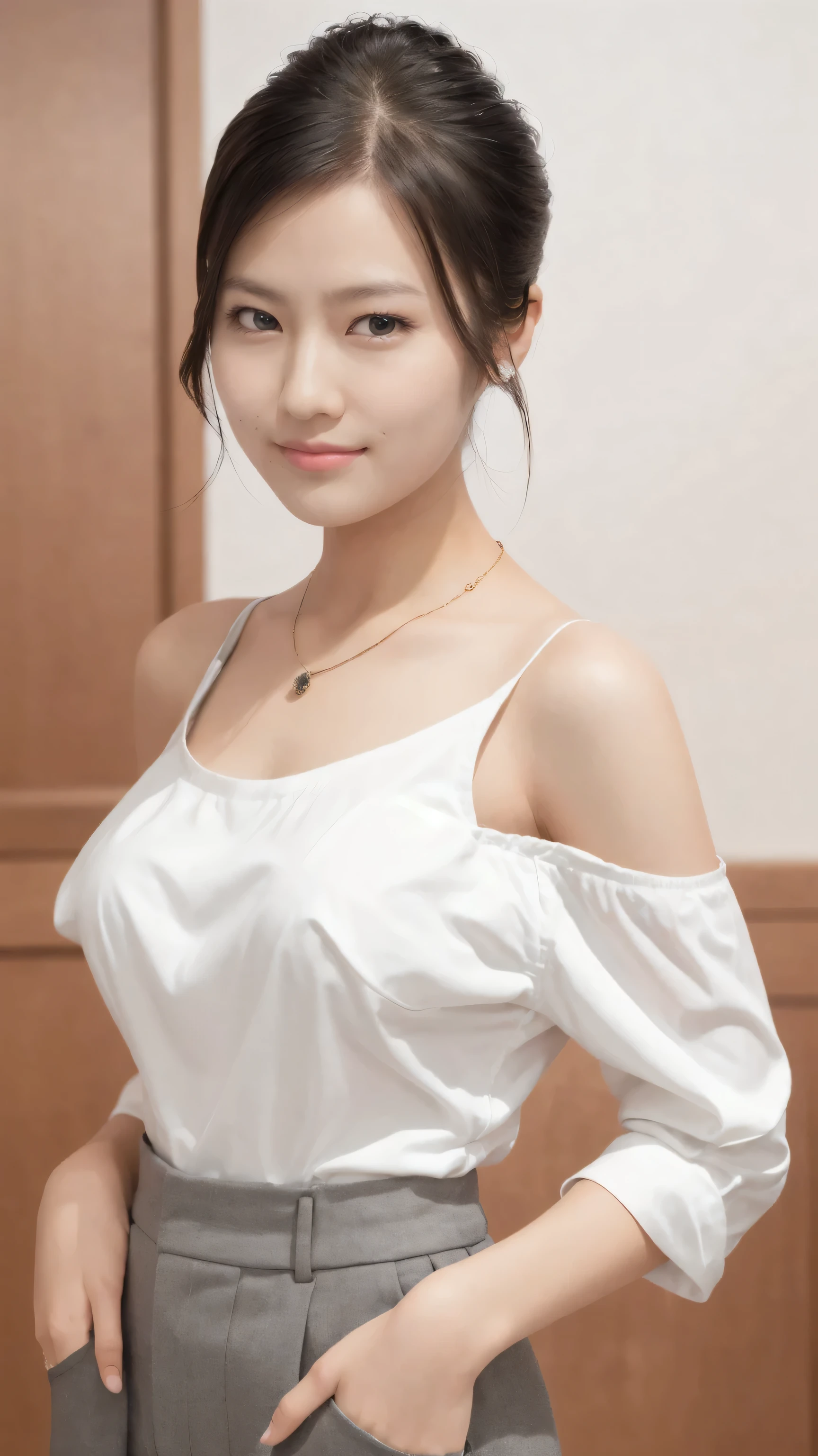 A close up of a woman in a white shirt and grey pants - SeaArt AI