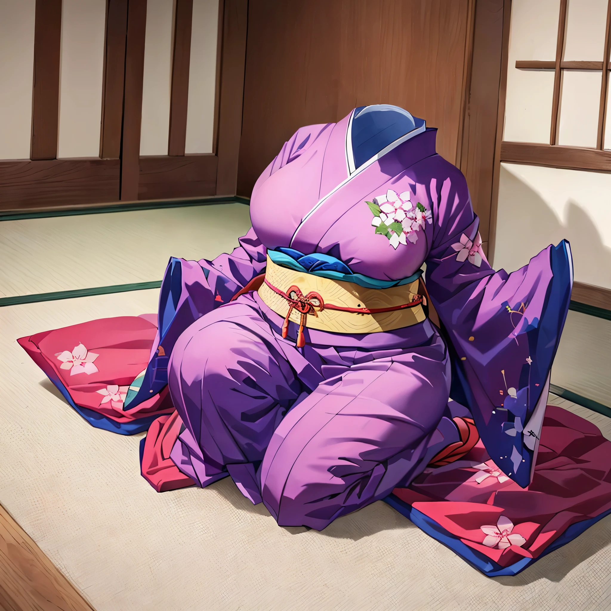 1girl, 15-years-old, (invisible, no humans, headless, faceless:1.5), (cute big breasts), chubby, fat, kimono, Seiza, kneeling, leaning forward, from above, on floor, Best-quality, Masterpiece, Ultra-High-Resolution