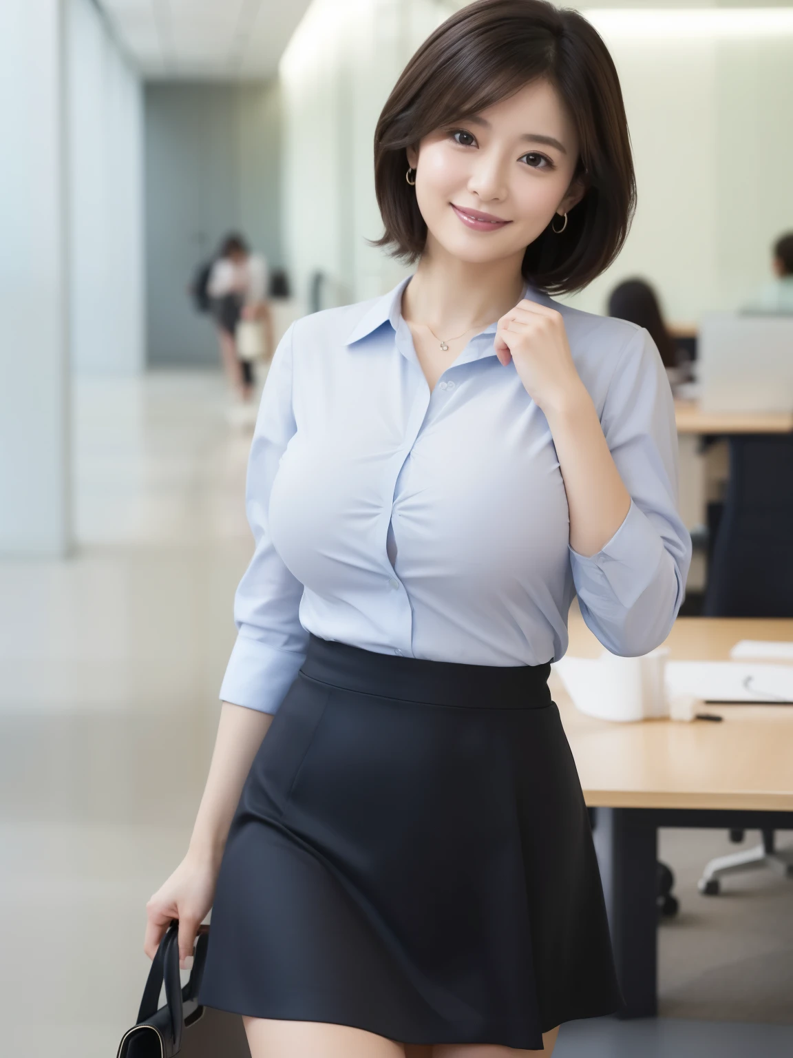 ((masterpiece))、((Highest quality))、photograph、reality、High resolution、Advanced Depth of Field、Realistic lighting、40 years old、Delicate facial features、short hair、Realistic background and accessories、Large Breasts、Sexy lips、Soft Body Line、Light blue business shirt、Walking down an office corridor、Wide Shot、whole body、loose skirt、Wide open valley、Udder slightly visible、Saggy soft breasts、Shadow、smile、