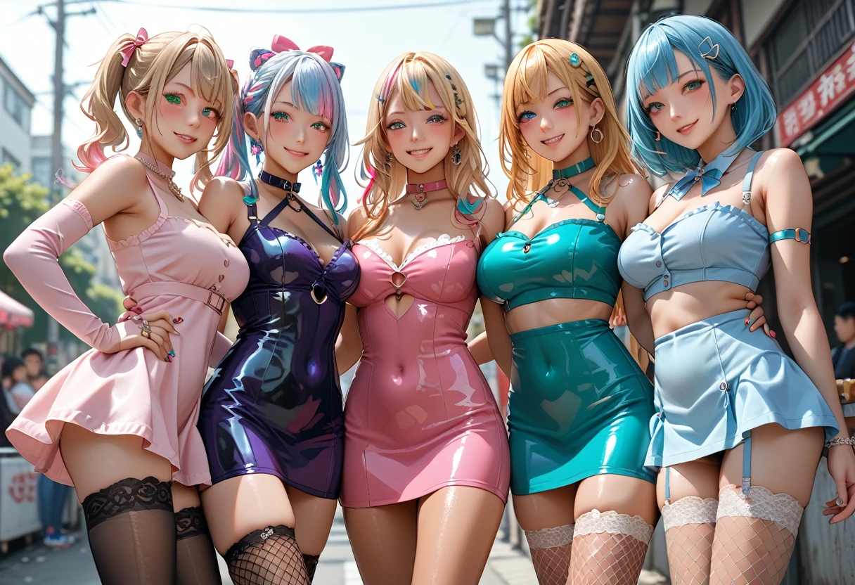 Score_9, score_8_up, score_7_up, score_6_up, rating:safe, (4girls), looking at viewer, detailed eyes, blush, multiple girls, vtuber, virtual youtuber, multicolored hair, standinglineup, line up, side by side, take your pick, gyaru, bodycon, shiny dress, clothing cutout, elbow gloves, microskirt, o-ring, pink dress, blue dress, green dress, purple dress, bow, navel, midriff, fishnet thighhighs