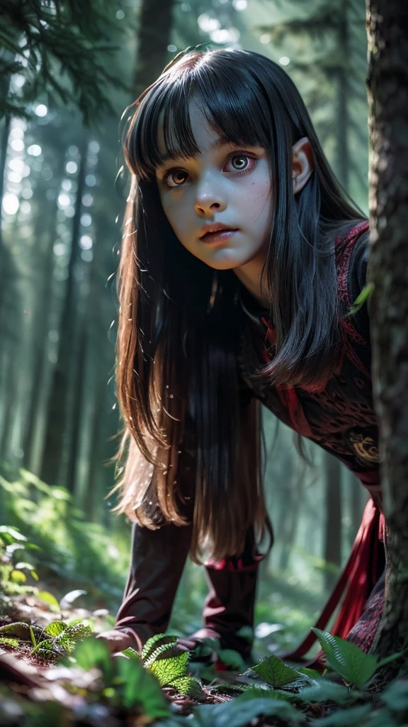 Suddenly, a dark shadow emerges from the forest, a creature with glowing red eyes. The girl turns, her expression shifts from wonder to determination as she prepares to face the threat