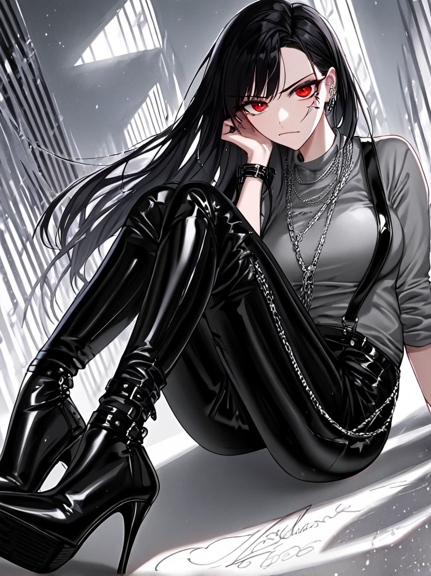 masterpiece,impasto,a woman,red eyes,long black hair,grey shirt,black leather suspenders,black leather pants,black heel boots,silver chain necklace,silver earcuffs,focus on face,glare at viewer,high quality