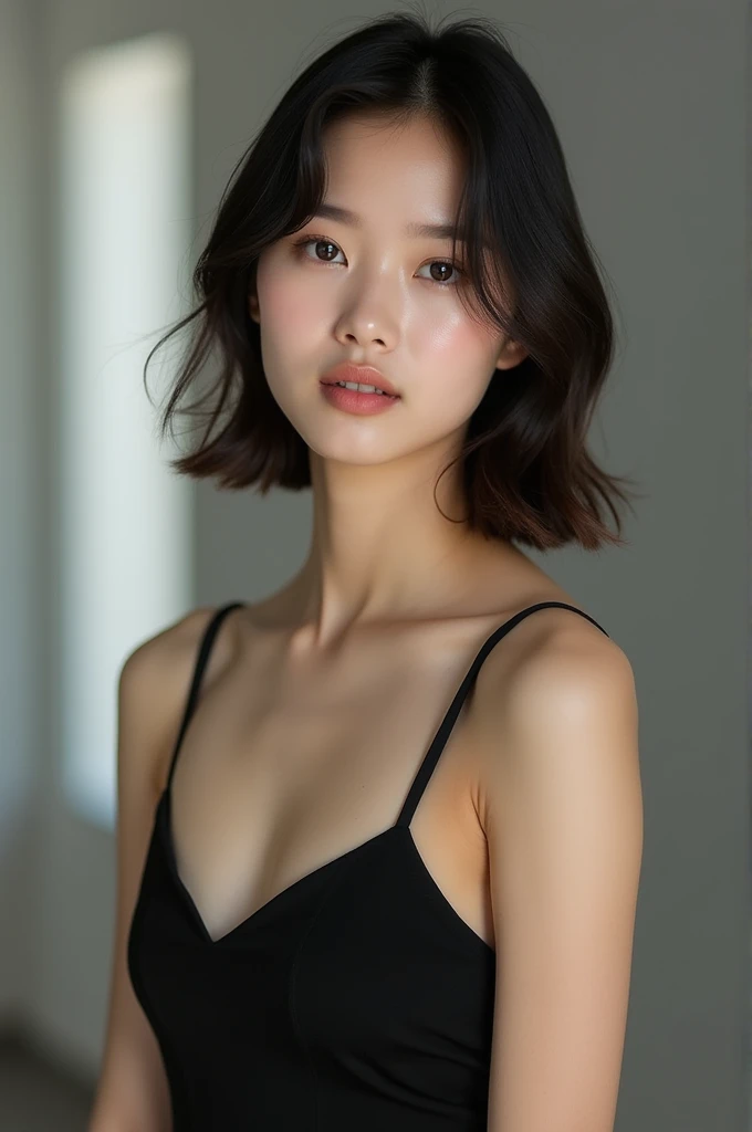 A 35-year-old South Korean woman with an international face, fair skin, short black hair, large E-cup breasts, not wearing a bra, was sitting and staring at us.