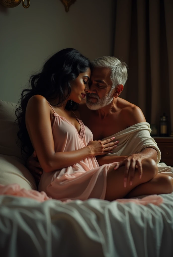 black skinned grandpa squeezes the breasts of a beautiful white skinned Korean woman who is lying down