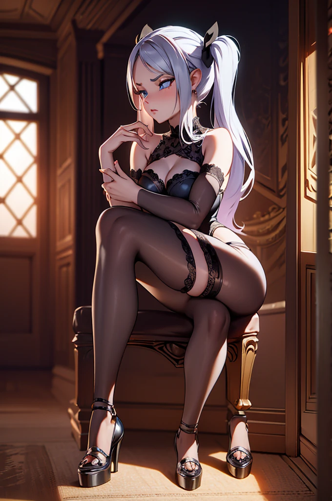 "A beautiful dark elf queen sitting seductively in an old, dimly lit house. She is adorned in a sexy, transparent lace corset with intricate patterns and matching lace transparent silk stockings with ribbons and patterns. Her high heels add to her allure, and her long twin tails cascade down her shoulders. She gazes erotically at the viewer from a high-angle perspective, exuding a seductive and captivating presence. The scene is beautifully detailed, capturing the erotic and mysterious essence of the dark elf queen."