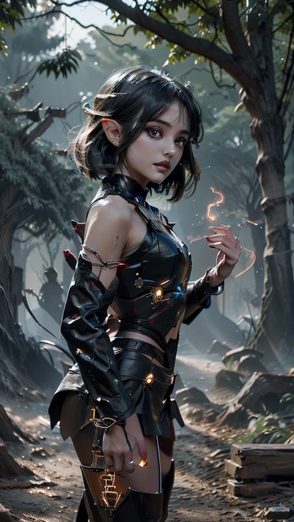 Energy flows from the tree into the girl, surrounding her in a glowing aura. Her eyes widen as she feels a surge of power, and small sparks of magic flicker from her fingers