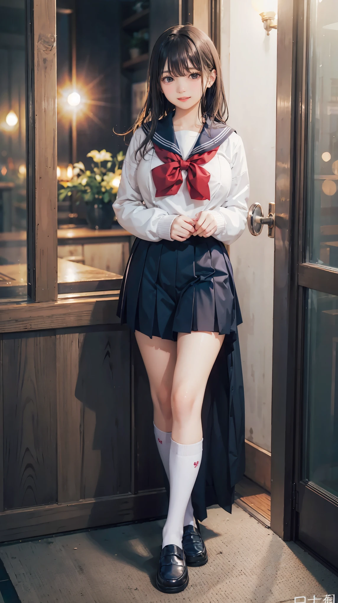 1 girl、(Sailor suit:1.2)、(RAW Photos、Highest quality)、(Genuine、Realistic:1.4)、masterpiece、Very delicate and beautiful、非常にdetailed、2k wallpaper、wonderful、detailed、非常にdetailed CGユニティ 8k 壁紙、非常にdetailed、High resolution、Soft Light、美しいdetailed女の子、非常にdetailed目と顔、美しいdetailed鼻、美しいdetailed特別な目、Cinema Lighting、City lights at night、Perfect Anatomy、Slender body、A light smile、close、(Long hair with bangs)、Large Breasts、Photograph the whole body、Black Long Straight、School、White knee socks and loafers