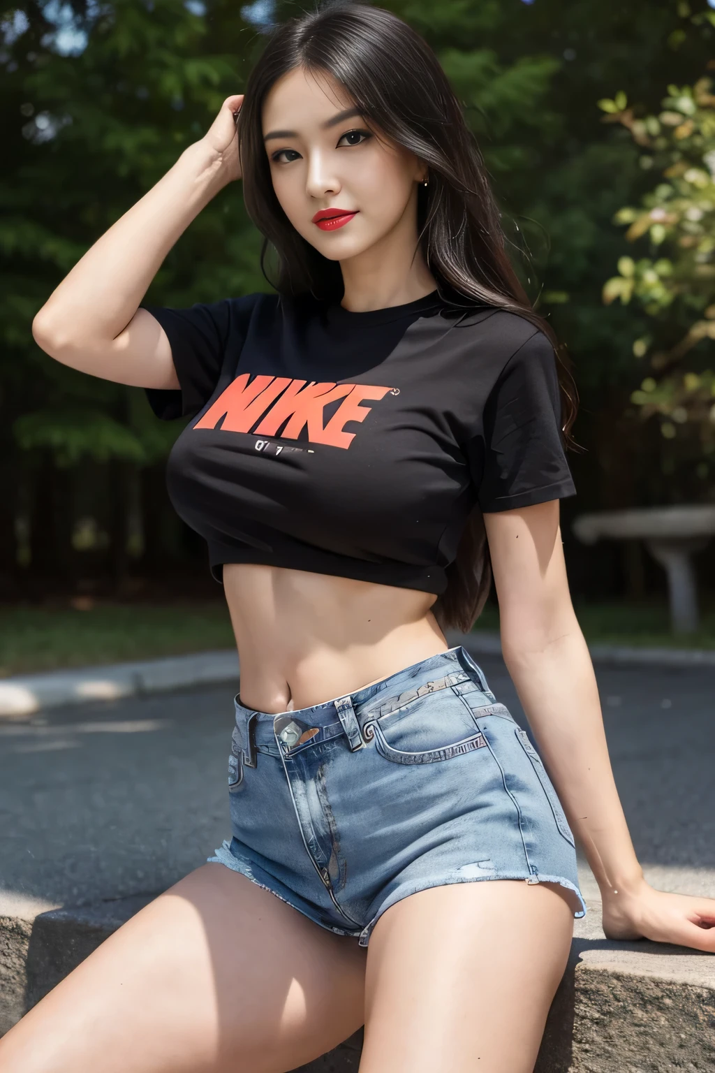 woman, Age 20-25 years, Can see the whole body, Nike T-shirt, short jeans skirt，Height 1.8 meters，Long hair to the waist，Huge breasts, big breast, Breasts that push through the shirt, small waist, flat stomach, wide hips, small thighs, Long, slender legs, canvas shoes，Beautiful makeup, bright red lips, perfect body, highest resolution, The perfection of the photo, Great picture composition