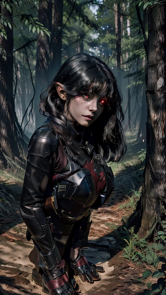 Suddenly, a dark shadow emerges from the forest, a creature with glowing red eyes. The girl turns, her expression shifts from wonder to determination as she prepares to face the threat