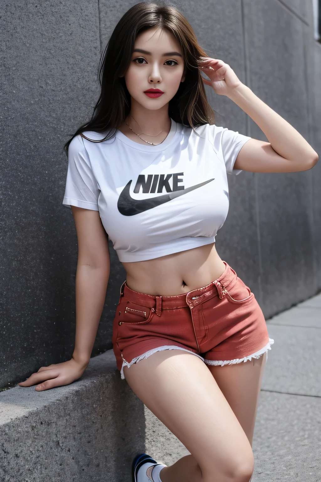 woman, Age 20-25 years, Can see the whole body, Nike T-shirt, short jeans skirt，Height 1.8 meters，Long hair to the waist，Huge breasts, big breast, Breasts that push through the shirt, small waist, flat stomach, wide hips, small thighs, Long, slender legs, canvas shoes，Beautiful makeup, bright red lips, perfect body, highest resolution, The perfection of the photo, Great picture composition