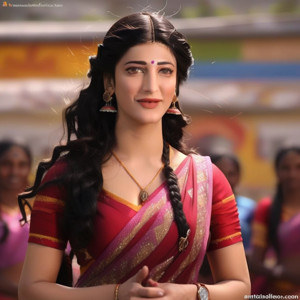 Shruti haasan,(art by Kubisi Art:0.7) , (art by Tom McGuinness:0.9) , wearing dark red half saree, showing navel, exposong navel, hips, [portrait, full body pic of Scandinavian Girl, Directing a TV show, Masculine Pose, Vile hair styled as Chignon, Hopeful, L USM::8], hyper realistic, hyper detailed, 4k, realistic skin texture, Indian traditional longest braided hair, princess longest  braided hair, detailed eyes, best quality, writing on the green board in class room as teacher, 4k quality eyes , 