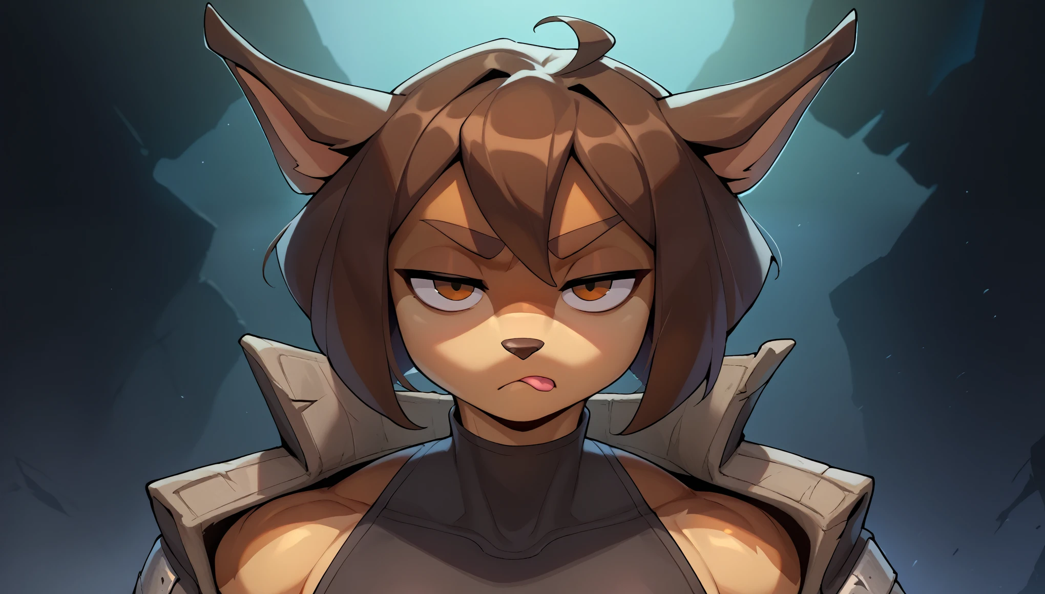 score_9, score_8_up, score_7_up, Rory, anthro furry, body fur, brown_body, brown_fur, brown_hair, short_hair, muscular_female , Expressionless face, FACE ONLY, HEAD ON, FACE FOCUS, fur, cute, centered, looking at viewer, closed mouth, tongue out, solo, dungeon, gray dungeon, dungeon background, dark environment, furniture,