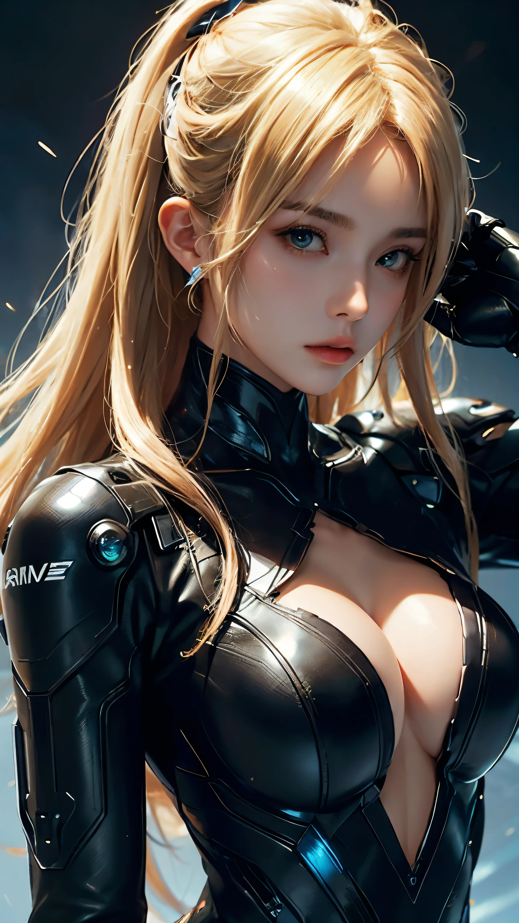 (masterpiece:1.2, Highest quality), Professional photorealistic images, Beautiful and sophisticated hairstyle, Beautiful Face, Beautiful attention to detail, Beautiful fingers, Perfect Style,One Woman, 20-year-old, Detailed lips, Sharp eyes､((Black leather suit､Tron Fashion､Design focusing on combat,))､ Dynamic and lively poses､(Intersecting light background), (Blonde medium longhair:1.5 Neon:1.2), bad woman ,Look at me with a cold, Sharp eyes､ (Looking down on the subject from above:1.2)