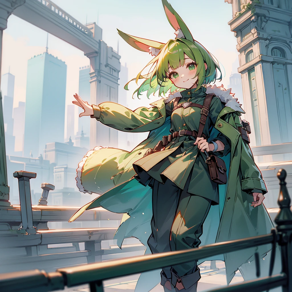 (long Green rabbit ears), green animal ears, (1 girl), green hair, green eyes, bob cut, thin eyebrows, smiling, young, alone, ****ta, childhood, child, short, overall, coat, long boots, red hood, wide pants, harness, fingerless globe, belt, waist pouch, in the city, tiny, baby face, pastel academia, cel anime