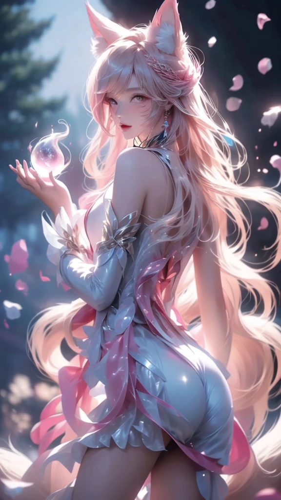 Cloud,Clouds,,Noble and elegant,Japanese nine-tailed fox girl,Long white hair flowing,Hairpin,Wearing a pink and white jumpsuit,走到Clouds樓梯中,