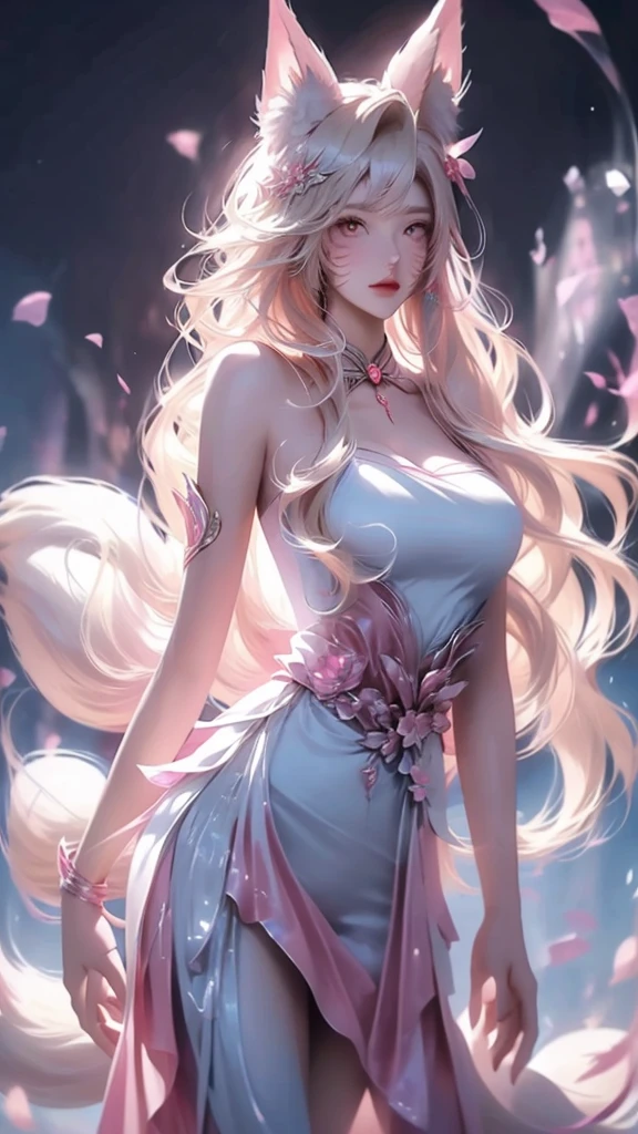 Cloud,Clouds,,Noble and elegant,Japanese nine-tailed fox girl,Long white hair flowing,Hairpin,Wearing a pink and white jumpsuit,走到Clouds樓梯中,