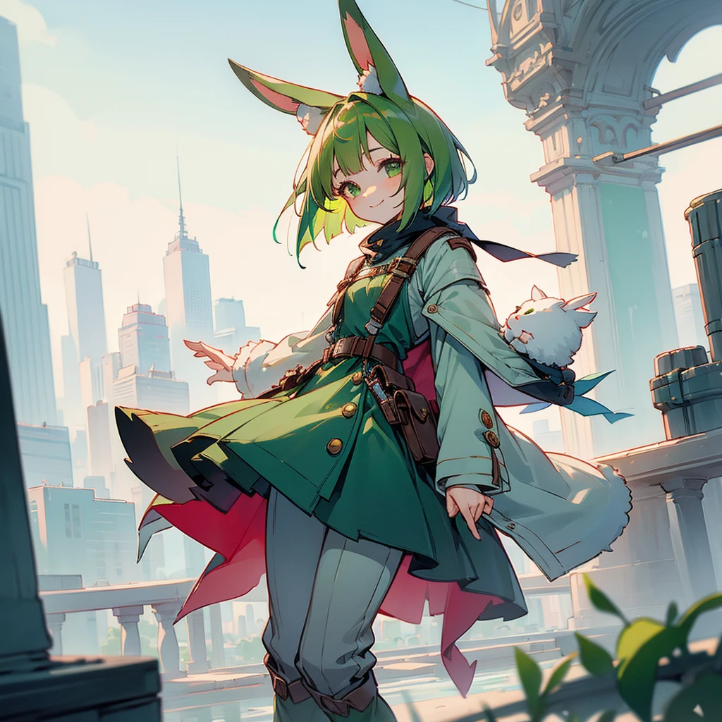 (long Green rabbit ears), green animal ears, (1 girl), green hair, green eyes, bob cut, thin eyebrows, smiling, young, alone, Lolita, childhood, , short, overall, coat, long boots, red hood, wide pants, harness, fingerless globe, belt, waist pouch, in the city, tiny,y faceacademia, cel anime