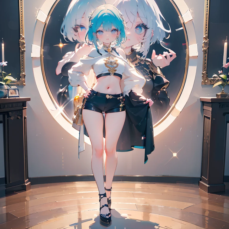 anime character with blue umbrella and white short hair in a blue dress, ONE anime girl, Night sky background, official character art, pretty anime character design, lunar themed attire, Genshin Impact Style, best anime character design,( ( character concept art ) ), anime full body illustration, one of her hands raised to her bottom lip.