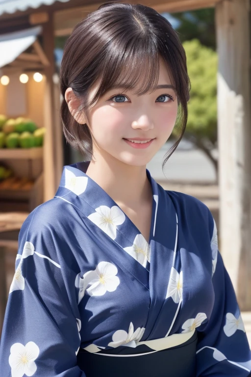 masterpiece, Highest quality, One Woman, (Bright yukata:1.2), 20-year-old、(RAW Photos, Highest quality), (reality, Realistic:1.4), Clean look、Iris、very detailed eyes and face, Beautiful and detailed nose, beautiful eyes, Perfect Anatomy, Black short hair、bangs、Natural Makeup、 Glowing Skin, (Light on the cheeks) 、A cool smile、Face Focus、The background is a fruit stand