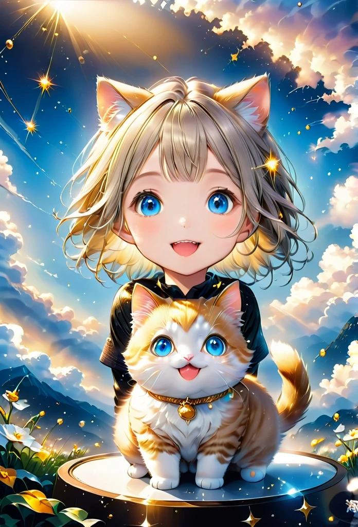 Above the Clouds、Cute munchkin cat、 blue eyes, Golden Eyes, Open your mouth a little, accurate, Textured skin, Shiny Hair, smile, Sparkle Effect, Optical illusion, reflected light, 8k octane, High resolution, whole body、Grey Hair, character