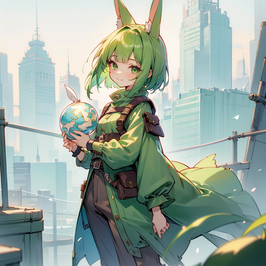 (long Green rabbit ears), green animal ears, (1 girl), green hair, green eyes, bob cut, thin eyebrows, smiling, young, alone, Lolita, childhood, child, short, overall, coat, long boots, red hood, wide pants, harness, fingerless globe, belt, waist pouch, in the city, tiny, baby face, pastel academia, cel anime, upper body, half body photo