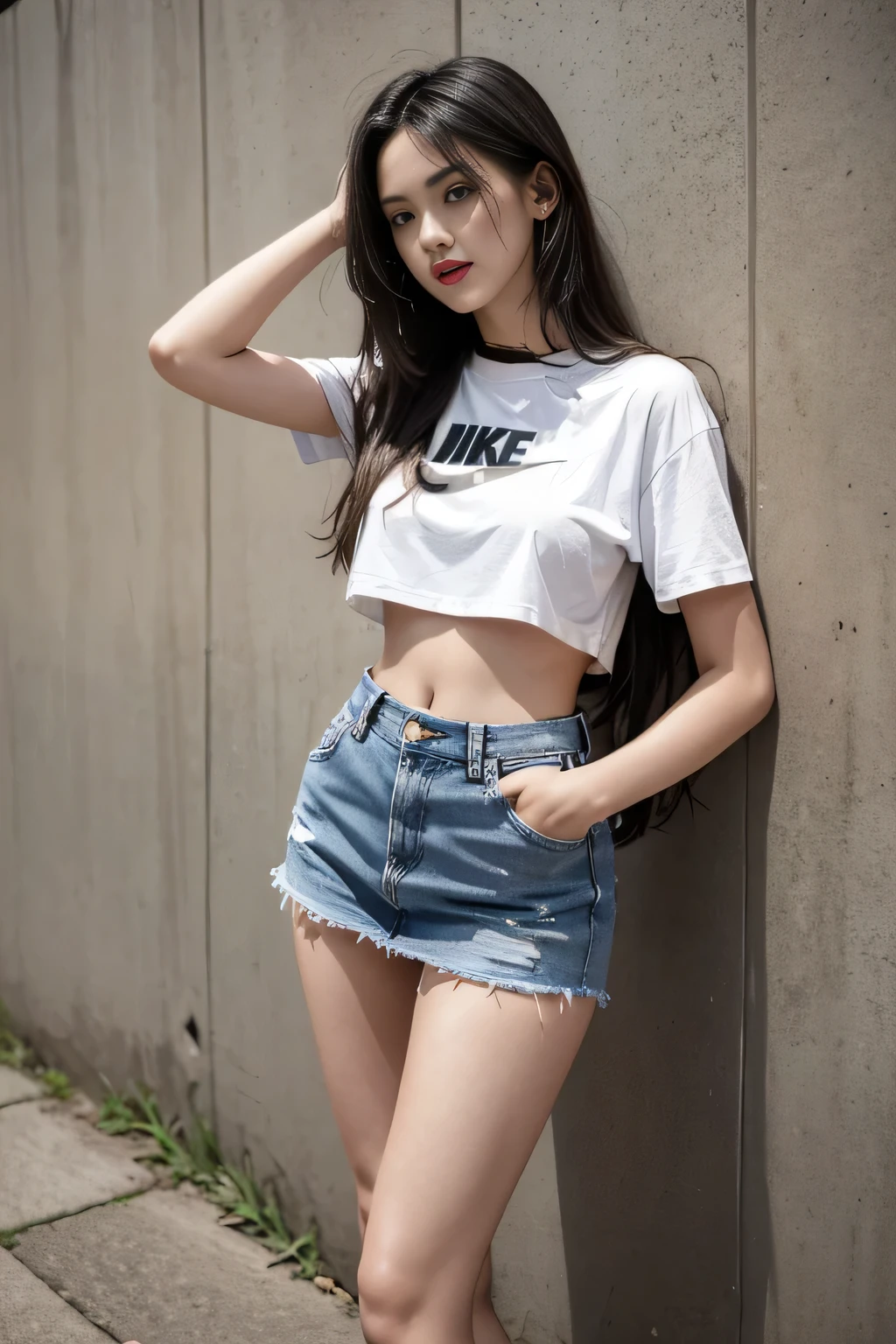 woman, Age 20-25 years, Can see the whole body, Nike T-shirt, short jeans skirt，Height 1.8 meters，Long hair to the waist，Huge breasts, big breast, Breasts that push through the shirt, small waist, flat stomach, wide hips, small thighs, Long, slender legs, canvas shoes，Beautiful makeup, bright red lips, perfect body, highest resolution, The perfection of the photo, Great picture composition