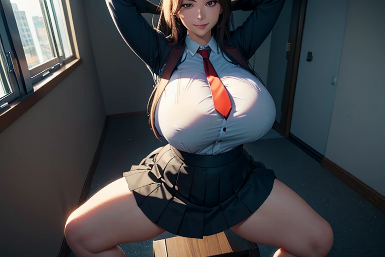 1woman,huge breast,thick tigh,perfect body,school uniform,white collared shirt,navy skirt, necktie,smile,(spread legs standing:1.1) ,arms behind head,8k,best quality,high resolution,masterpiece,ultra detailed,photorealistic,studio lighting,physically based rendering,vibrant colors,natural lighting,front view,street