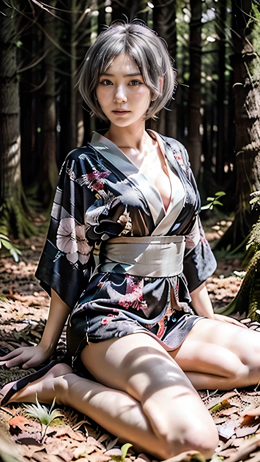 (was:1.3、((A female ninja standing in a fighting position with a weapon in the forest:1.5)、With background)、(Female ninja with a sword:1.5))、(Realistic、Like a photograph、Live Action、8k, Realistic, RAW Photos, Best image quality: 1.4), Single-lens reflex camera、RAW Photos, Highest quality, Realistic, Highly detailed CG Unity 8k wallpaper, Written boundary depth, Cinematic Light, Lens flare, Ray Tracing, Realistic background、(kunoichi:1.4、White floral kimono::1.2、skirtlift)、Grey Hair、short hair、Standing in the village、((Ultra-Dense Skin))、 1 girl,Cute Kunoichi、(whole body:1.5)、I like that style、Pay attention to the details、Perfect outfit、(White Squid Portrait、Accurate Arm、Accurate feet、Beautiful legs、Precise thighs、Anatomically correct body、View from the front