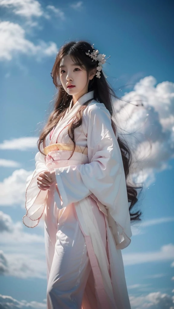 Cloud,Clouds,,Noble and elegant,Japanese nine-tailed fox girl,Long white hair flowing,Hairpin,Wearing a pink and white jumpsuit,走到Clouds樓梯中,