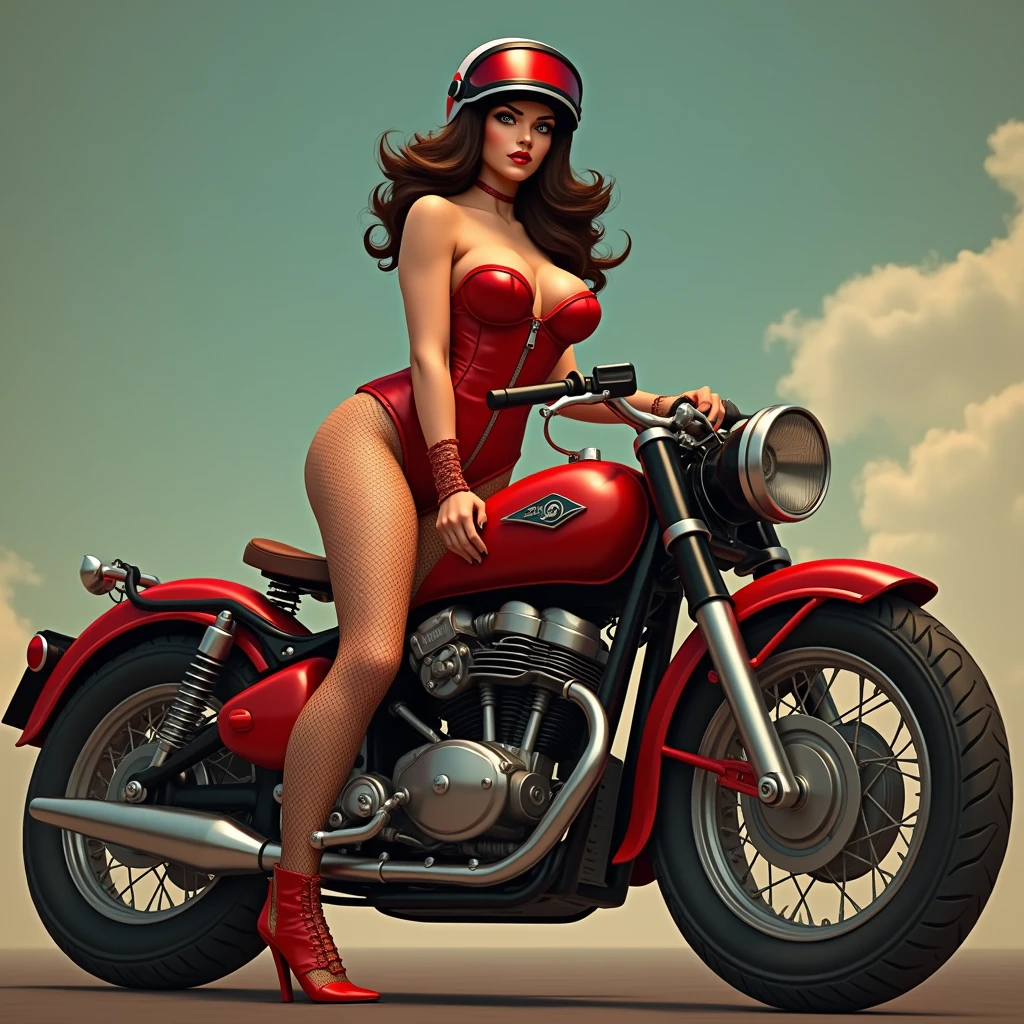 (((Full subject image of a woman sitting on a motorcycle))), instagram model Rachel Cook.  portrait of A fashion model, glamour, brown wavy hair, with blonde highlights.  (((bright blue eyes, ))), laughing, very detailed face, very detailed eyes.  Large breasts.  Realistic nipples. ((Sitting on a 1940's Harley Davidson motorcycle, in a workshop full of motorcycles)). (((Naked, nude, legs apart, vagina))), bare thighs, bare legs, bare shoulders, cleavage, navel, female pubic hair, vagina, high heel shoes.  Arms up, hands in her hair,  bokeh, 8K, High quality, Masterpiece, Best quality, HD, Extremely detailed, voluminetric lighting, artwork in the pinup style of Alberto Vargas.